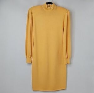 St. John Santana Knit Butter Yellow Mockneck Puff Sleeve Bodycon Dress Old Money